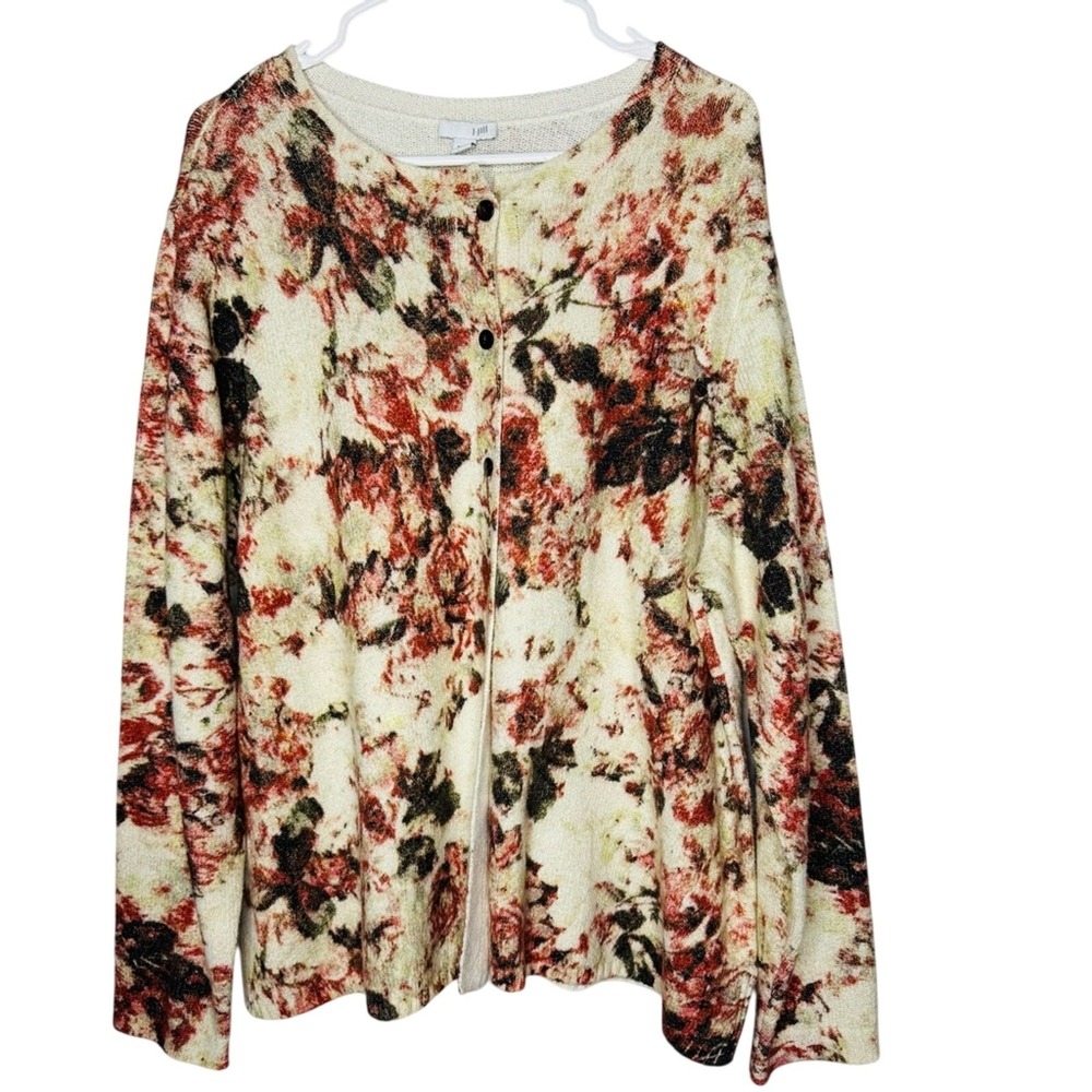 J Jill Womens Sweater Knit Floral Cardigan Sz XL Cottage Grandma Stretch Church